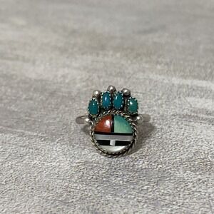 Sz 4.5 Zuni Sterling Silver Petit Point Turquoise Ring Stone Inlay Sun Face Vtg